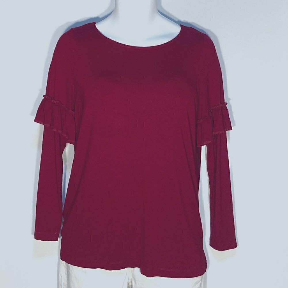 Peck & Peck SZ M deep red long sleeve t-shirt with ruffle detail